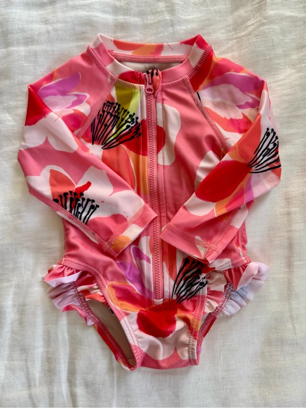 Tea Collection Girls Long-Sleeve Pink Floral Zip Front Swimsuit